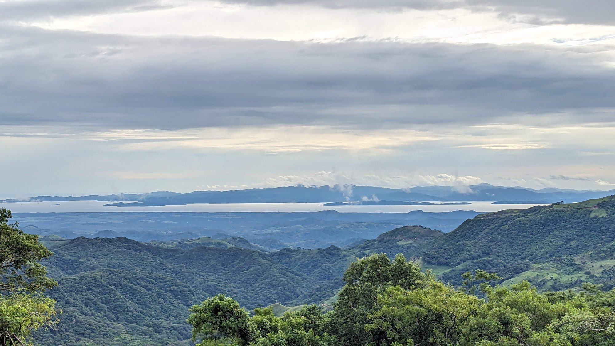 View from the upper pastures of Finca Querencia toward the Gulf of Nicoya and the Pacific coast